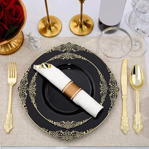 Miniatura 6 de Realluck 350 piezas platos de plástico negro y dorado, juego de vajilla de plástico para 50 invitados, 100 platos desechables, 150 cubiertos, 50