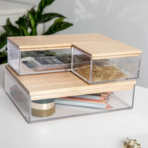 Miniatura 2 de Martha Stewart Brody - Contenedores organizadores de plástico con tapas de madera de paulownia para oficina en casa, cocina o baño, paquete de 3