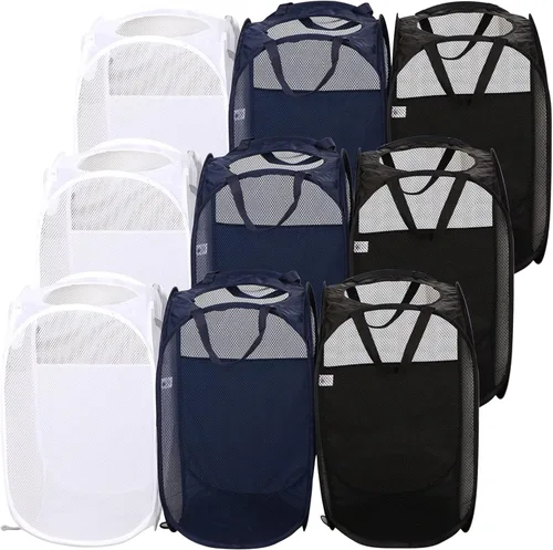 AQQA Juego de 9 cestas de malla para la ropa sucia, negro/blanco/azul, asas duraderas, plegable, construcción de malla resistente, ideal para niños,