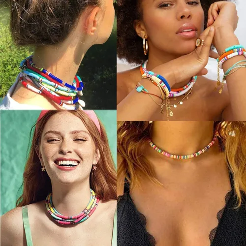 Miniatura 5 de ARATLENCH Heishi Surfer - Collares y pulseras Coloridas cuentas de disco de vinilo, collar de amor, bohemio, arco iris, elástico, de amistad