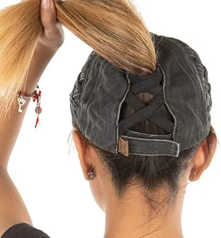Miniatura 3 de Funky Junque - Gorra para mujer, entrecruzada, diseño desgastado, se puede usar con coleta o chongo