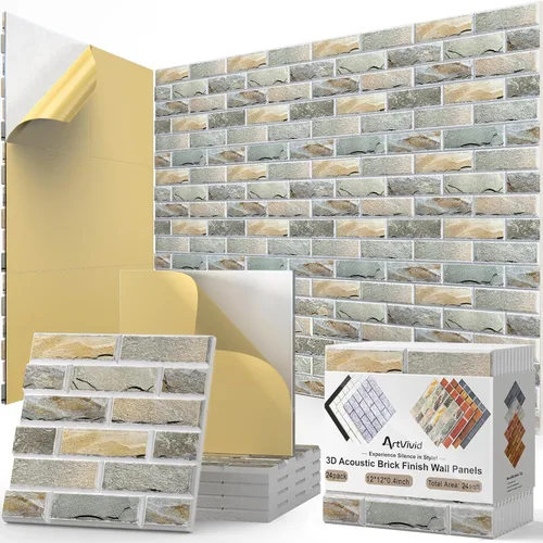Miniatura 13 de Paquete de 12 paneles acústicos, paneles autoadhesivos con patrón de ladrillo 3D a prueba de sonido para paredes, paneles decorativos de pared