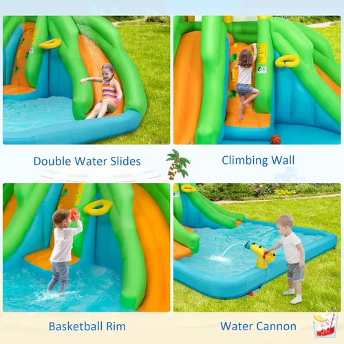 Miniatura 3 de HONEY JOY - Tobogán acuático inflable, parque acuático inflable 6 en 1 con muro para escalar y 2 toboganes largos, piscina, castillo inflable
