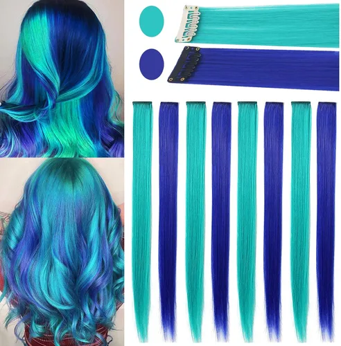Miniatura 5 de Extensiones de cabello con clip de colores, 8 piezas de cabello sintético liso con reflejos azules y verde azulado