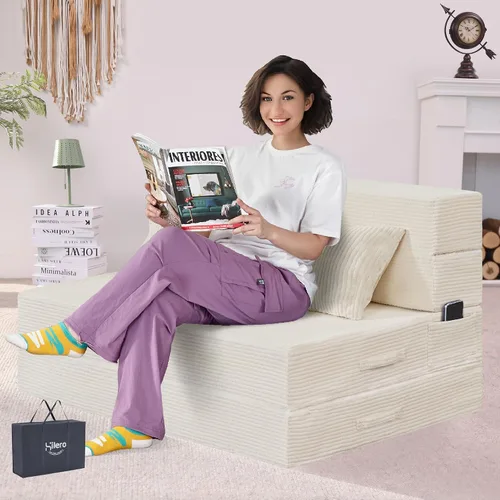Sofá Cama Individual Plegable Silla Sofá Cama con Almohada, Twin, Beige | Cama de silla plegable