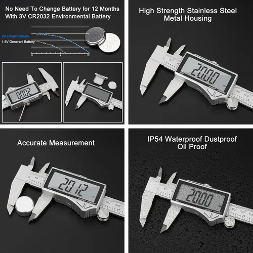 Miniatura 9 de Calibrador Digital Adoric, Herramienta de Medición Calibrador de Acero Inoxidable Calibrador Vernier Digital Micrómetro con Pantalla LCD Grande
