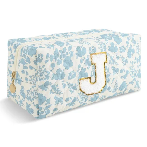 Miniatura 397 de Pequeña bolsa de maquillaje personalizada con inicial A-Z Preppy Patch, bolsa de cosméticos de viaje de felpilla blanca con cremallera, bonita bolsa