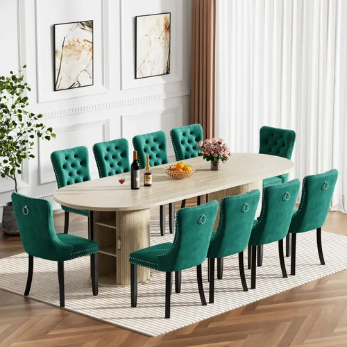 Miniatura 12 de Mesa de comedor redonda extensible de 94 pulgadas con base de almacenamiento, mesa de comedor expandible natural para 10, mesa de comedor de madera