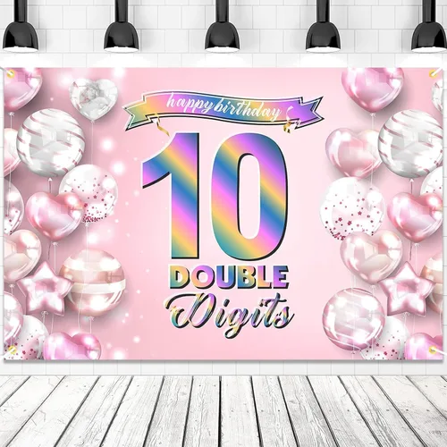 Cartel de feliz cumpleaños número 10, telón de fondo de arcoíris degradado de doble dígito, fondo rosa de 10 años, decoraciones de cumpleaños para