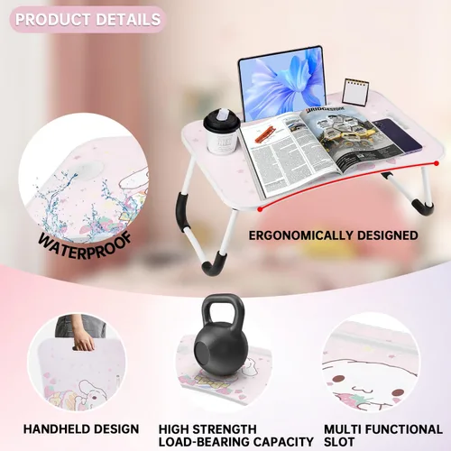Miniatura 2 de Escritorio kawaii plegable para laptop, mesa de escritorio Kawaii, bandeja de desayuno plegable, soporte de lectura para cama, sofá, suelo (rosa)