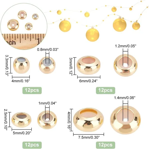 Miniatura 2 de PH PandaHall 48 cuentas de tapón de oro de 14 quilates, 4 tamaños, cuentas deslizantes, espaciador de latón, inserción de goma, longitud de cuentas