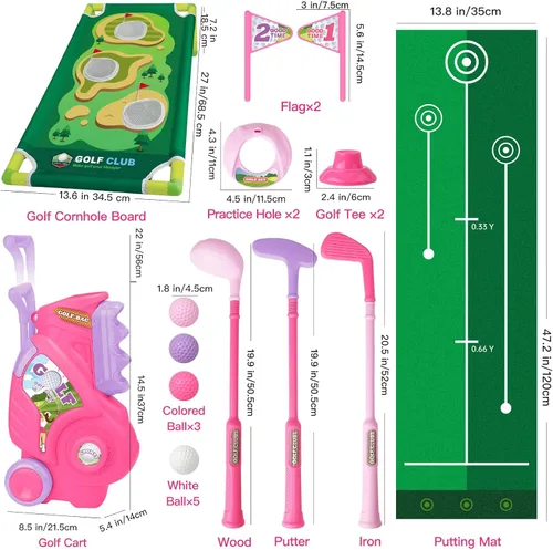 Miniatura 6 de Juego de golf para niños y niñas de 1, 2, 3, 4 años, carrito de golf mejorado para niños con alfombrilla de putting y tabla de cornhole, juguetes