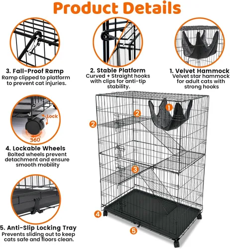 Miniatura 3 de Homey Pet Jaulas para gatos de 50 pulgadas para interiores, jaulas grandes de 4 niveles para gatos de interior, jaula plegable de alambre de metal