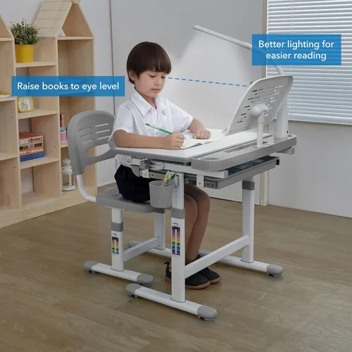 Miniatura 4 de Mount-It! Kit de accesorios para escritorio de niños de altura ajustable Incluye lámpara LED, estante para libros y portalápices, color gris