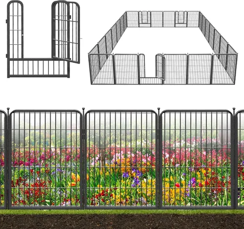 Miniatura 14 de Valla decorativa de metal negro para jardín con puerta, 82 pies de largo, 32 pulgadas de alto, 36 paneles de valla sin excavación, valla de barrera