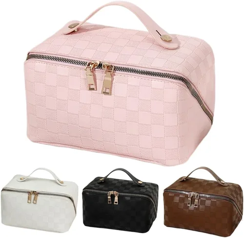 Miniatura 26 de Bolsas de maquillaje a cuadros de gran capacidad, bolsas de cosméticos portátiles de viaje, bolsa de aseo abierta y plana para mujeres y niñas