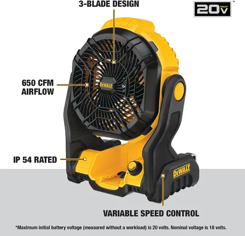 Miniatura 11 de DEWALT 20V MAX Ventilador portátil, ventilador de taller inalámbrico recargable con batería, hasta 4.5 horas de duración, velocidad variable, 650