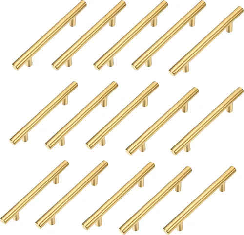 Paquete de 15 tiradores de acero inoxidable dorado cepillado con barra en T para muebles, cocina, armario, cajón, manija de puerta, pomos (longitud