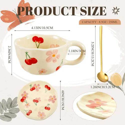 Miniatura 2 de Vesici 1 juego de tazas de café de cerámica con platillo y cuchara, bonitos regalos para el día de la madre para mamá, 8.5 onzas, taza de té floral