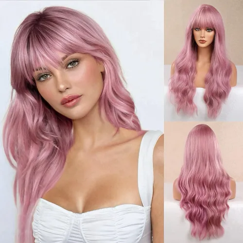 Honygebia Peluca rosa claro con flequillo, pelucas de color rosa bebé para mujer, cabello largo ondulado rosa coral, resistente al calor, aspecto