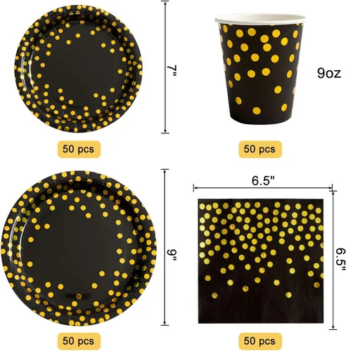 Miniatura 3 de HOMIX 350 piezas de platos y servilletas negros y dorados, sirve 50 platos de papel desechables, servilletas, vasos, cubiertos para decoraciones