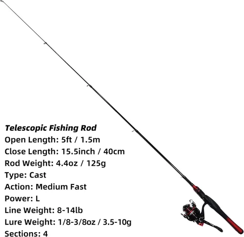 Miniatura 3 de Kilitn Combo de Caña de Pescar y Carrete, Combo de Baitcasting Carrete Baitcast Caña Telescópica de Fibra de Vidrio Duradera de 5 Pies con Sedal