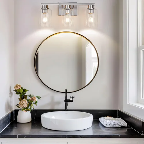 Miniatura 2 de Lámpara de tocador de baño de níquel cepillado, aplique de pared de 3 luces de 18 pulgadas con pantallas de vidrio transparente, iluminación moderna