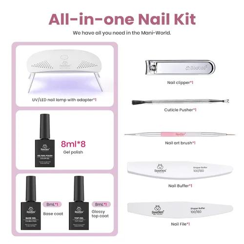 Miniatura 3 de Kit de esmalte de uñas de gel Beetles con luz UV, kit inicial de esmalte de gel semipermanente, lámpara LED de uñas en tonos gris, morado, malva
