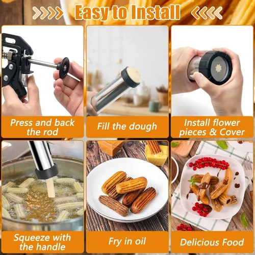 Miniatura 4 de 1+8PCS Churro Maker Kits, acero inoxidable Churro Maker Machine/ 3 piezas de flores/2 cepillos/bolsa de tuberías/boquilla de tubería/convertidor