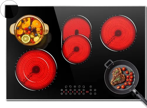 Hobsir - Estufa eléctrica de 30 pulgadas, 5 quemadores, estufa eléctrica, estufa de cerámica de 8400 W con marco de metal de vidrio, temporizador,