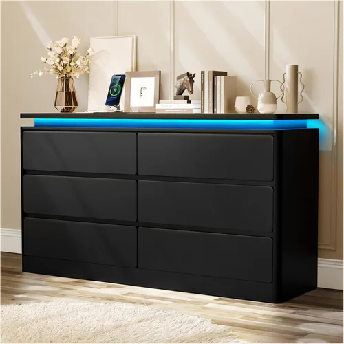 Cómoda Negra Mejorada de 6 Cajones para Dormitorio, Cajonera de 120 cm de Largo con Estación de Carga y Luces LED, Cómoda de Almacenamiento de