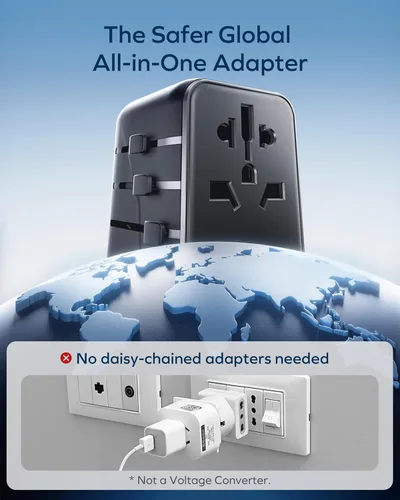 Miniatura 8 de MOMAX Adaptador de viaje universal 6 en 1, adaptador de corriente internacional GaN 70W, 3 USB-C PD de carga rápida y 2 USB-A QC, 1 AC, adaptador