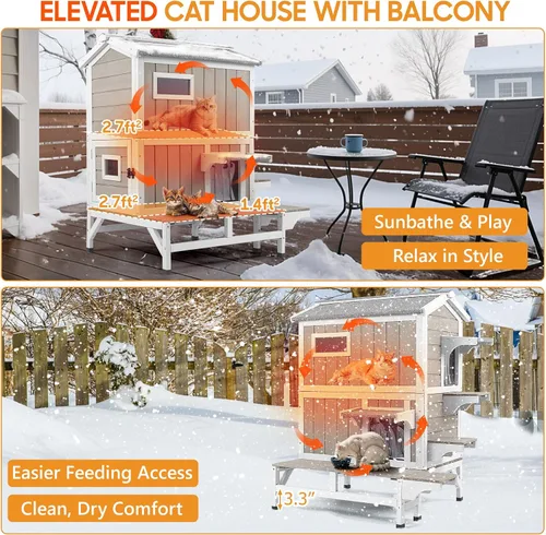 Miniatura 8 de PetsCosset Casa Aislada para Gatos de Exterior Resistente a la Intemperie con Balcón, Aislamiento Integral, Refugio de Madera para Gatos Ferales