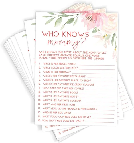 Printed Party Baby Shower Games - Who Knows Mommy Best Game for Girl, Baby in Bloom Floral Theme, 50 tarjetas