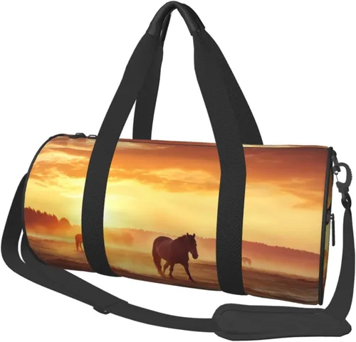 Sports Gym Bag for Women Men Travel Duffel Bag Tote Horses on Pasture at Sundown Weekender Bag Canvas Carry on Overnight Bag for Travel Swimming