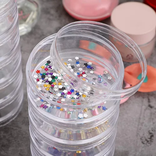 Miniatura 8 de Hipiwe Paquete de 2 tarros redondos de plástico transparente con 5 ranuras, organizador de accesorios para manualidades, caja organizadora de joyas