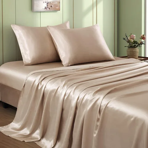 VACVELT Juego de 3 sábanas de satén color beige tamaño individual, juego de ropa de cama, sábana bajera de satén sedoso con bolsillo profundo de 15