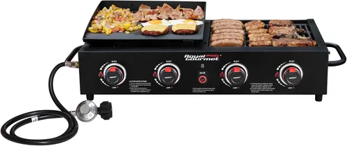 GD4001TB Combo de parrilla y plancha de propano, 4 quemadores, parrilla de gas portátil para patio trasero o cocina al aire libre, 40000 BTU, color