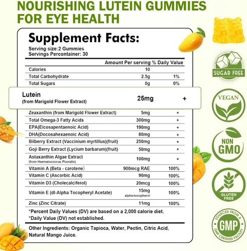 Miniatura 4 de Suplementos de luteína y zeaxantina, gomitas con astaxantina y extracto de arándano, vitaminas oculares con omega-3, vitaminas A, C, E, D3 y zinc
