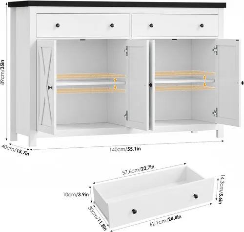Miniatura 3 de FOTOSOK Aparador Buffet con Almacenamiento, Gabinete de Almacenamiento de Cocina Grande de 55" con 2 Cajones y 4 Puertas, Gabinetes de Barra de Café