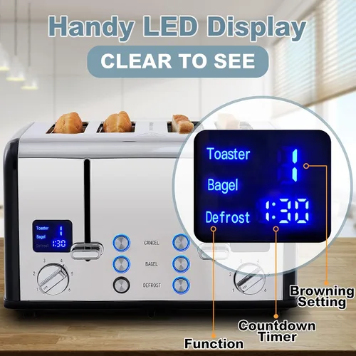 Miniatura 3 de CUSIMAX Tostadora de 4 rebanadas, pantalla LED ultra clara y ranuras extra anchas, tostadora de acero inoxidable con paneles de control dobles de 6