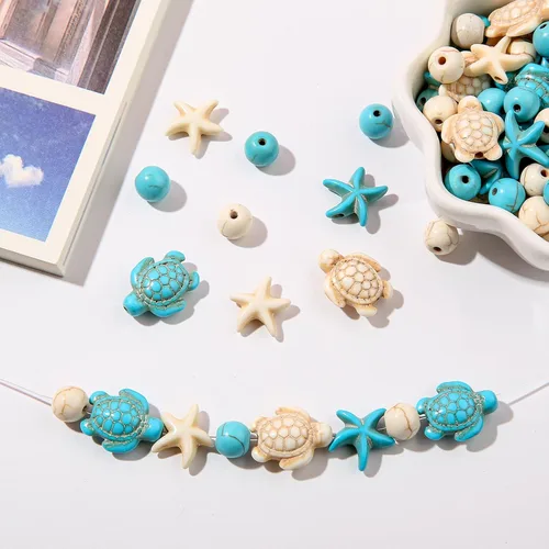 Miniatura 4 de 210 cuentas de turquesa con cuentas de tortuga marina floral, cuentas de tortuga blanca, cuentas sintéticas de estrellas de mar turquesa