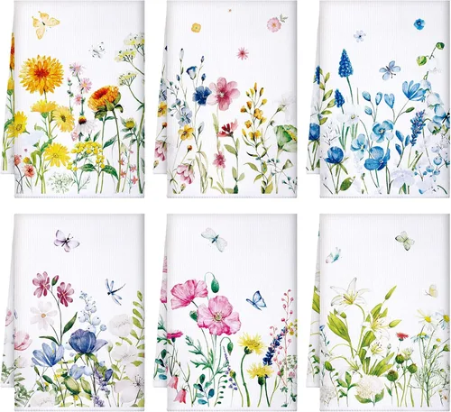 Geyoga 6 toallas de cocina florales de primavera, flamenco, toallas de mano, girasol, margarita, flores silvestres, paños de té para primavera,