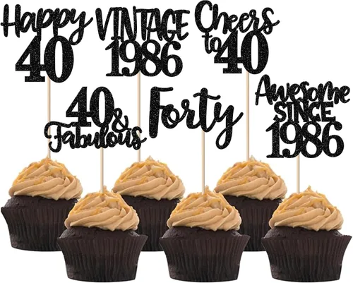 Miniatura 41 de Rsstarxi Paquete de 24 adornos para cupcakes vintage 2019 con purpurina negra para 5º cumpleaños, saludos a 5, cinco, 5, 5 fabulosos para cupcakes