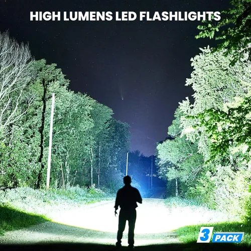 Miniatura 2 de Paquete de 3 linternas recargables, 990,000 lúmenes, linterna LED súper brillante, 5 modos de luz, carga rápida, IPX7 impermeable para acampar