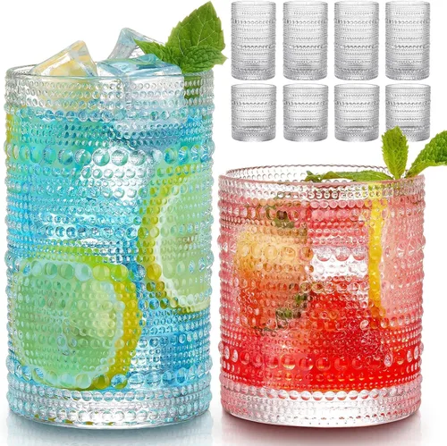 Hlukana Juego de 8 Vasos Vintage Hobnail para Beber, Vasos Highball de 12 oz y Vasos de Cóctel de 10 oz, Vasos de Agua para Cocina, Juego de