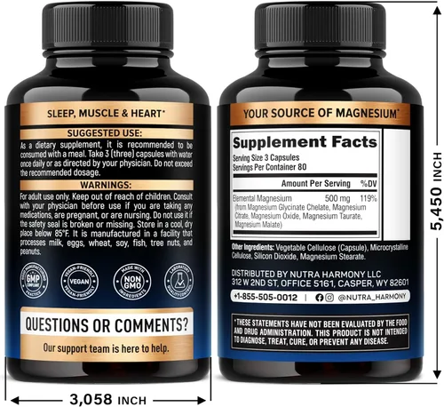 Miniatura 2 de Suplemento de magnesio - Complejo 5 en 1 de 500 mg Glicinato Citrato Malato Taurato Óxido - Fabricado en Estados Unidos - Soporte