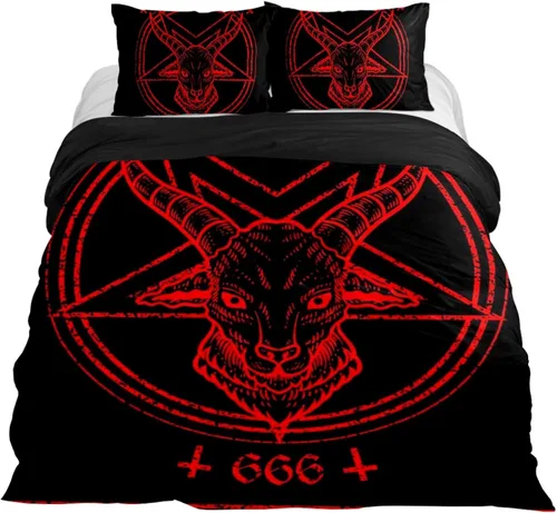 Miniatura 10 de Baphomet and Lucifer Bedding - Juego de funda de edredón de 3 piezas, tamaño Queen, funda de edredón con cierre de cremallera, 4 lazos en las Black02