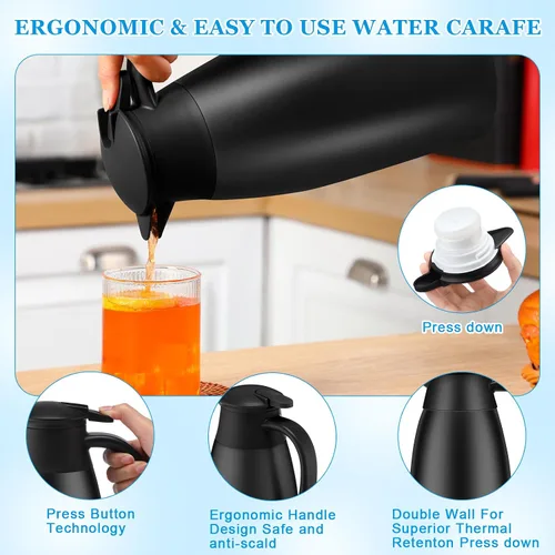 Miniatura 3 de Ziliny Paquete de 2 jarras térmicas de café de 51 onzas, jarra de café de acero inoxidable aislada al vacío de doble pared, mantiene las bebidas