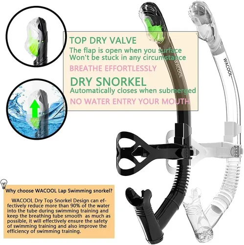 Miniatura 5 de WACOOL Training Headstrap Support Dry Top Snorkel Tube Comfortable Mouthpiece One-Way Purge Valve for Pool Open Water Scuba Lap Swimming Swimmer